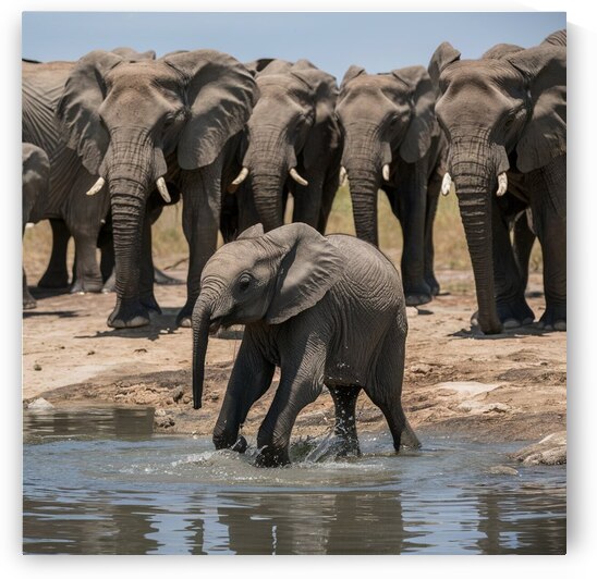 A lone elephant calf playfully splashing in a watering hole surrounded by a herd of watchful adults. by badryano
