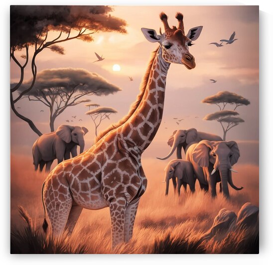 A graceful giraffe amidst the serene beauty of a dawn-lit savannah by Digital Depot