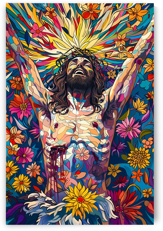 Colorful artistic depiction of jesus with a crown of thorns by Gualtiero Boffi
