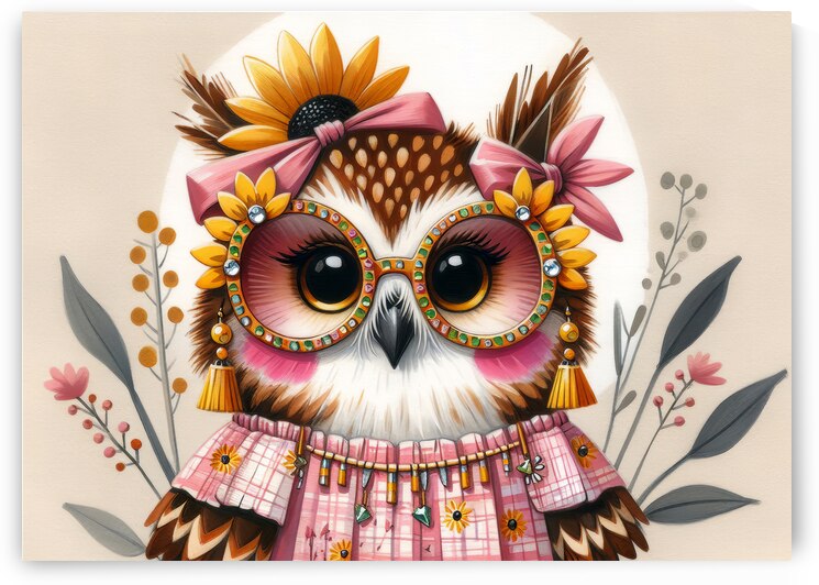 Fashionable Owl with Sunflowers  by Anne Laure GOUPIL