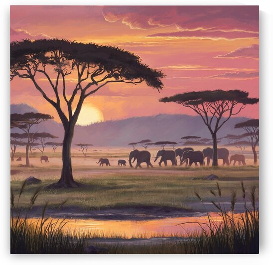 Sunset Serenade: Tranquility of the Savannah by Vintage Sunset: Silhouettes Against an Orange and Pink Sky