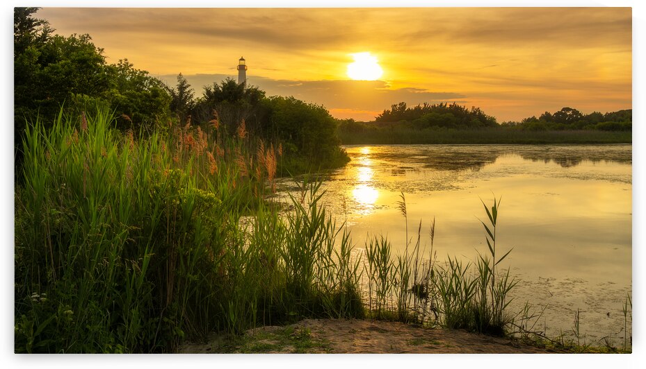 Cape May Lighthouse Sunset from Bunker Pond - Wide by Jason Fink