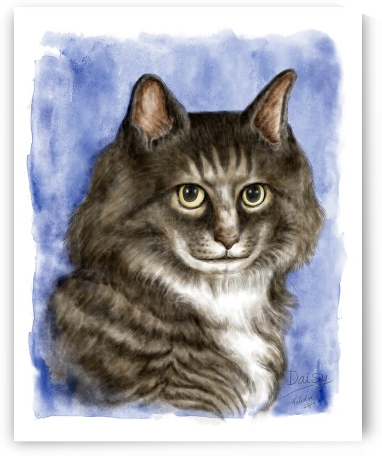 Long hair tabby cat portrait watercolor painting by Kevin Miller Photography