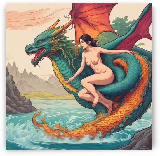 colorfull naked woman riding dragon flying over water Illustration style by AIGALLERY