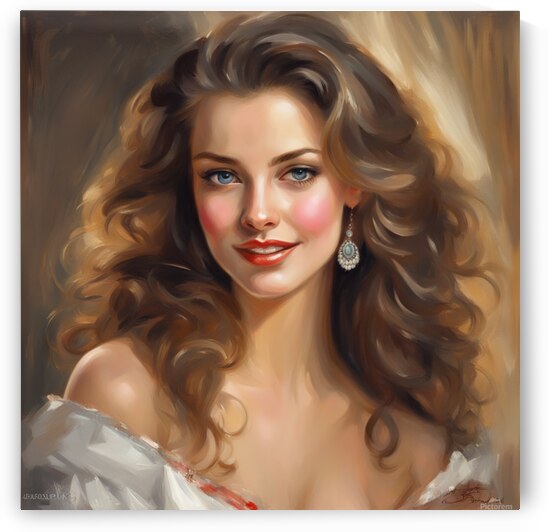 painting style of Konstantin Razumov of a beauty portrait in the classic style of old-school glamour shots. Beautiful eyes glossy lips warm smile long wavy hair posed elegantly odalisque with soft flattering lighting hair light wearing a modest casual dre by AIGALLERY