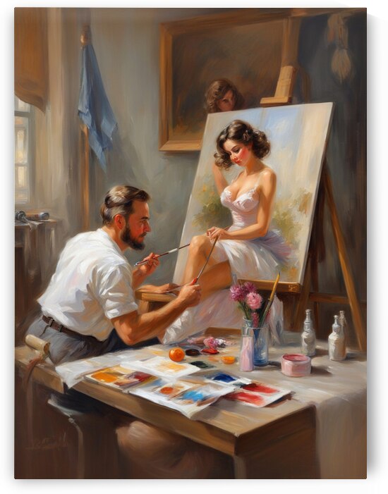 painting style of Konstantin Razumov of a man painting a picture of a woman on canvas by AIGALLERY