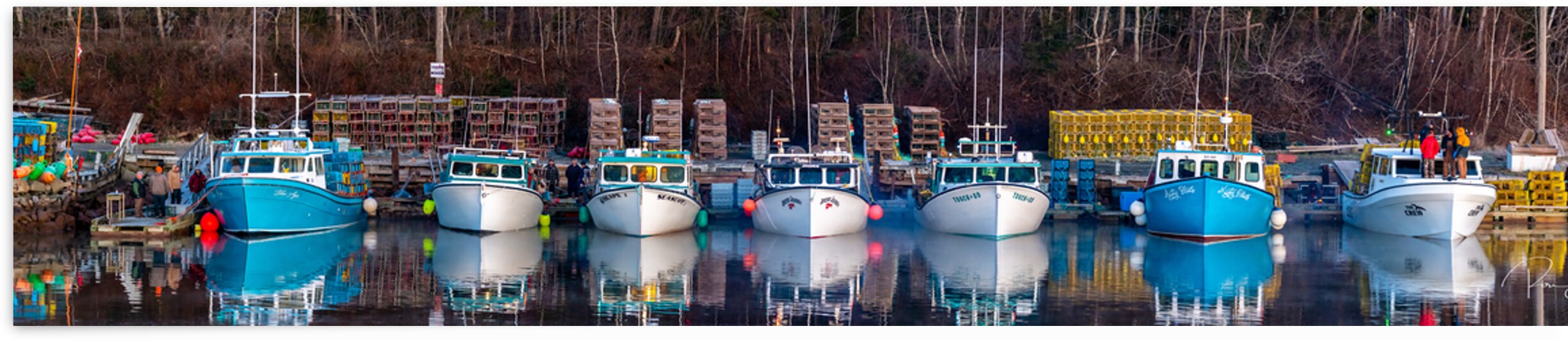 Lobster boats in Barrachois panorama. by Ron Lane Photography