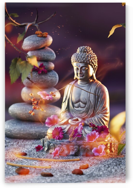 buddha and tower of stones flowers and frankincen by juverdeanu