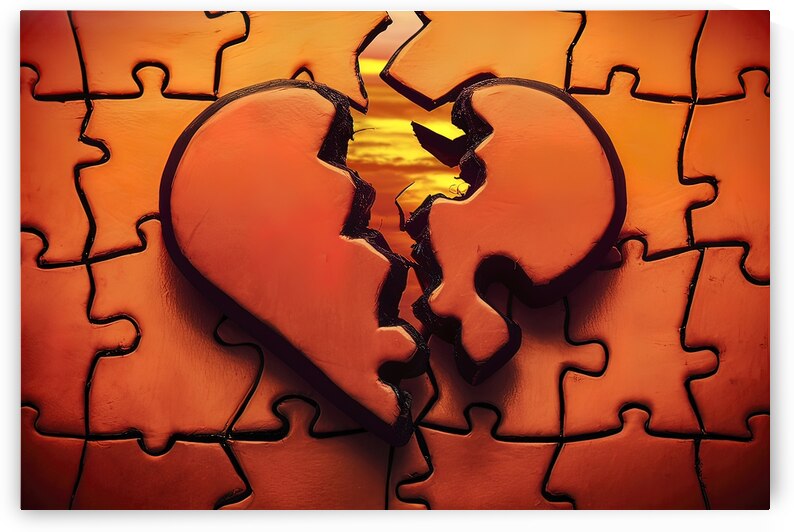 broken heart shape made of puzzle over orange bac by juverdeanu