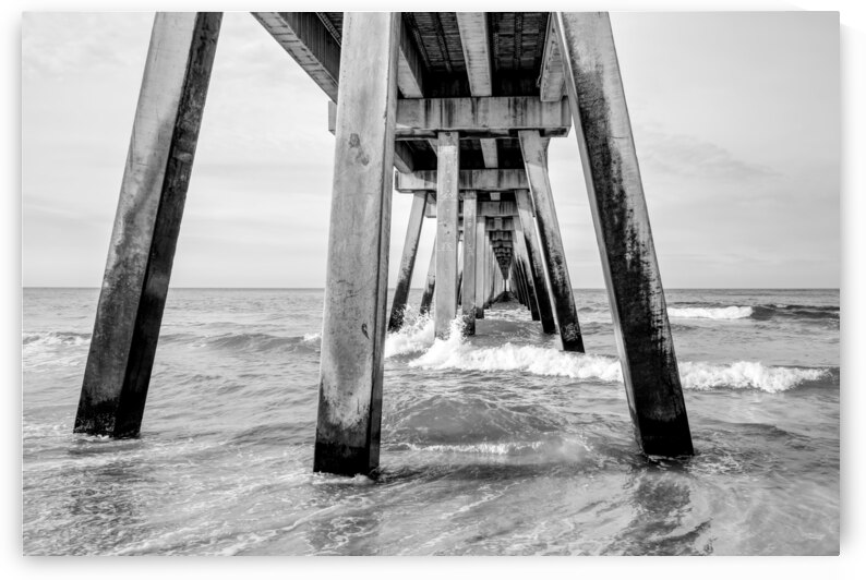 Navarre Pier Splashing Waves Grayscale by Jennifer White