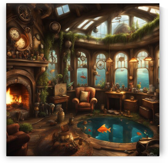 120x90 51600x38700 pixel ultra-high definition photorealistic under water view with some exotic fish and a beautiful mermaids playfully swimming looking out the huge bay window of my cozy warm home with a hobbit & steampunk feel about it. the home filled  by AIGALLERY