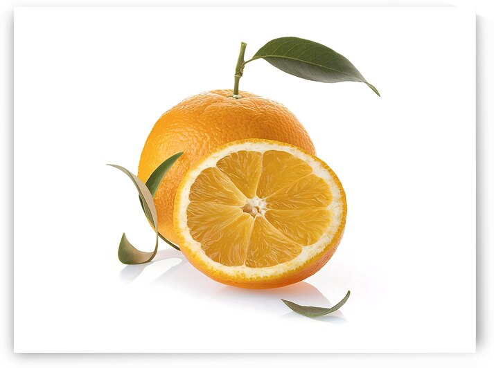sliced orange fruit with leaves isolated on white by Romeu Hurmuzache