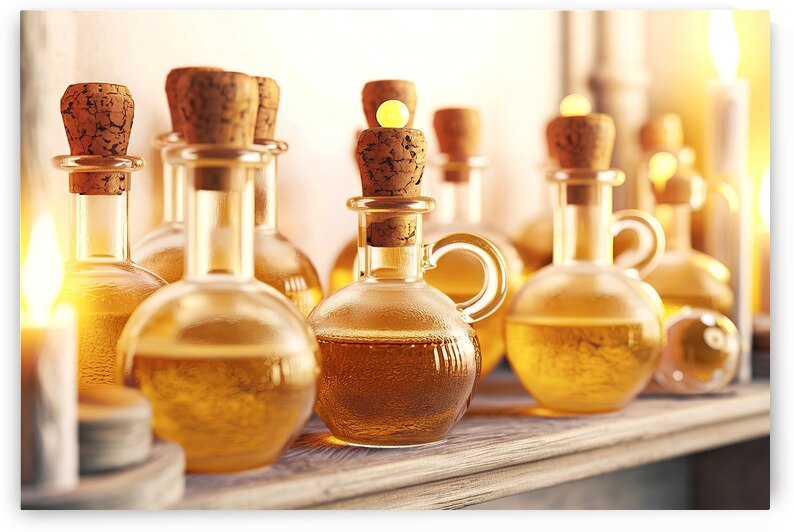 Several glass bottles with cork stoppers filled w by Romeu Hurmuzache