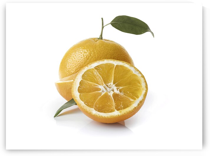 sliced orange fruit with leaves isolated on white by Romeu Hurmuzache