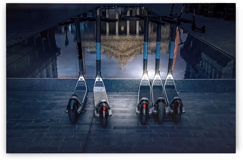 Brussels Stock Exchange and Scooters Reflection by Norma Brandsberg Photography