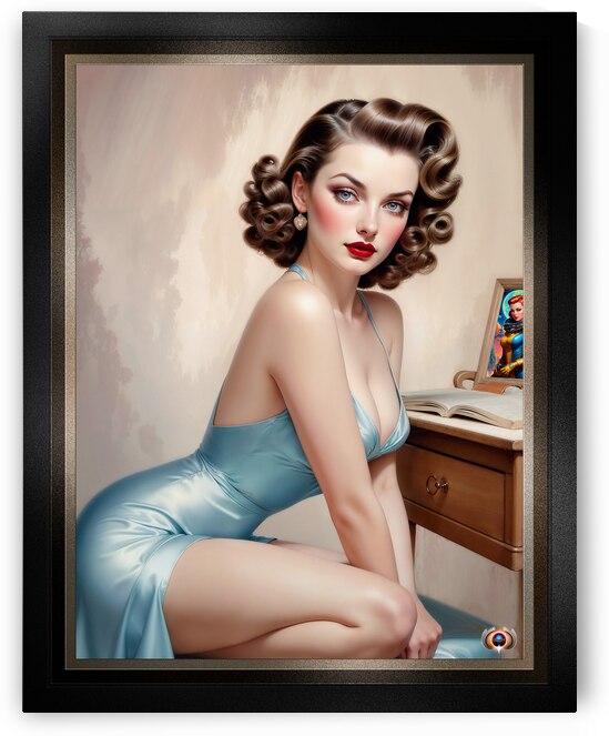 Elegant Pin-Up Girl Beauty In Satin Blue Attire Reading At Her Vanity Mesmerizing AI Concept Art by Xzendor7 by xzendor7