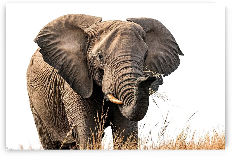 African Elephant eat dry grass isolated on white by Gheorghe Stanescu