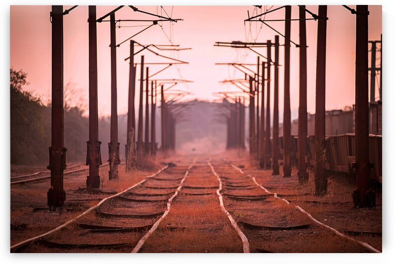 old railroad rails and poles with wires without a by Gheorghe Stanescu