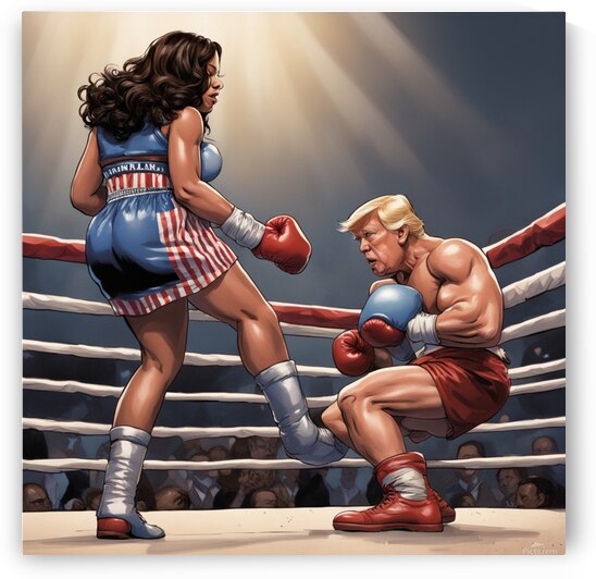  Kamala Harris stands over a defeated Kod TRUMP in a boxing ring Hyper realistic. With the thought bubble we are not going back  by AIGALLERY