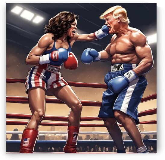  Kamala Harris Kos TRUMP in a boxing ring Hyper realistic. Thought bubble Were Not Going Back by AIGALLERY