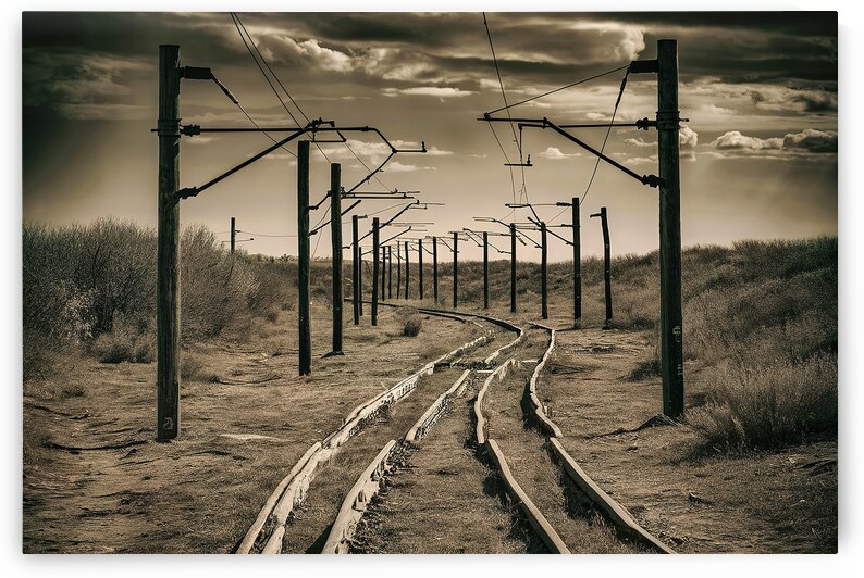 old railroad rails and poles with wires without a by Mirela Poiana