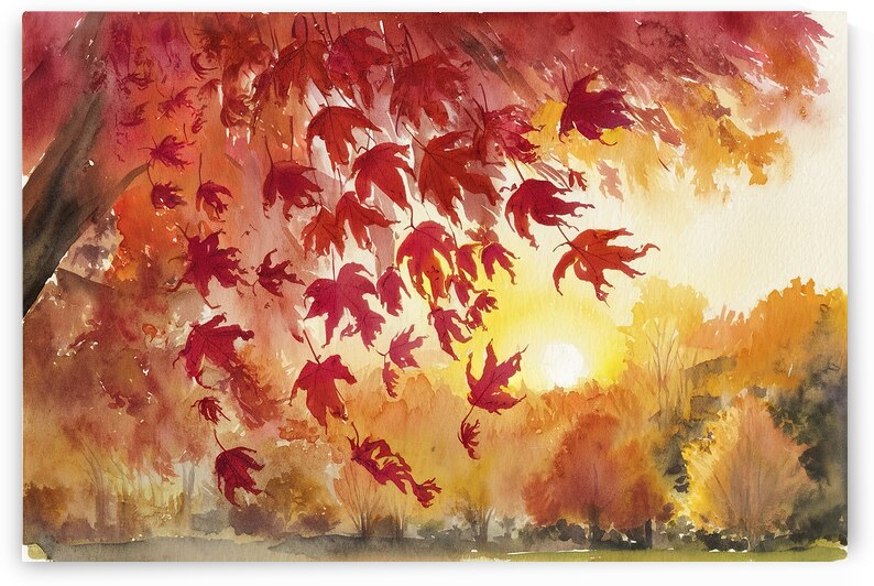 Watercolor drawing of falling red leaves in autum by Valentin Catargiu