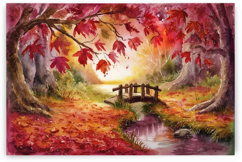 Watercolor drawing of falling red leaves in autum by Valentin Catargiu