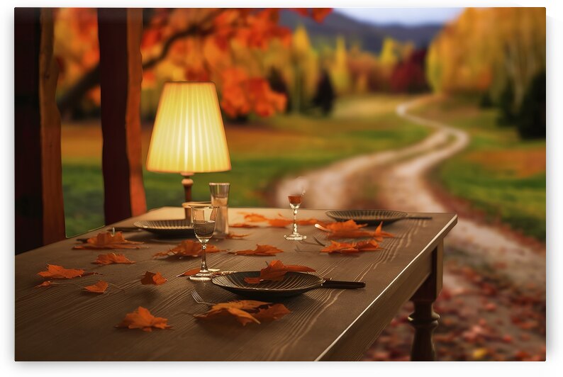 Wooden Table With Orange Leaves And Blurred Autum by Petre Popescu