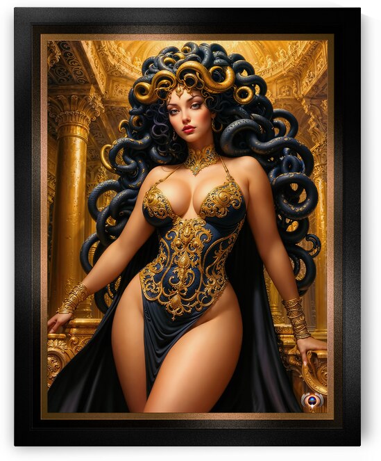 The Medusan Queen in Her Golden Palace Fantasy Art Pin-Up Girl Illustration Mesmerizing AI Concept Art by Xzendor7 by xzendor7