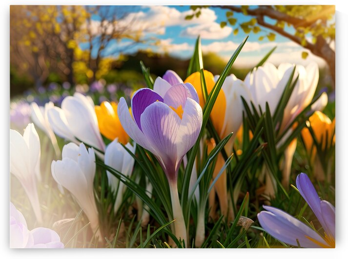Crocuses white yellow purple blossom on a spring by Mirela Poiana