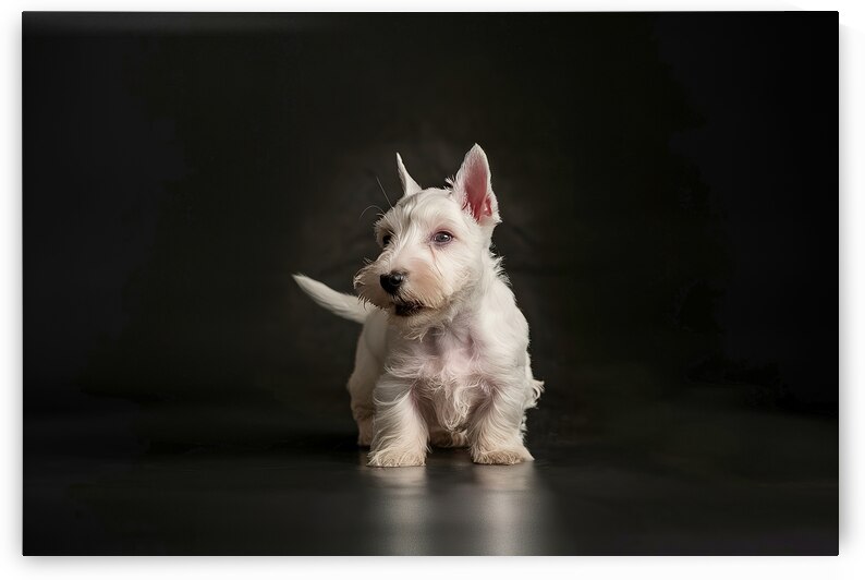 white scottish terrier puppy on a dark background by Mirela Poiana