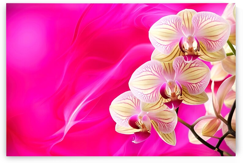 A close up of orchid flowers against a vibrant pi by Mirela Poiana