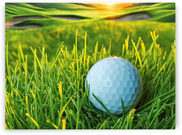 Golf ball close up on green grass on blurred beau by Mirela Poiana