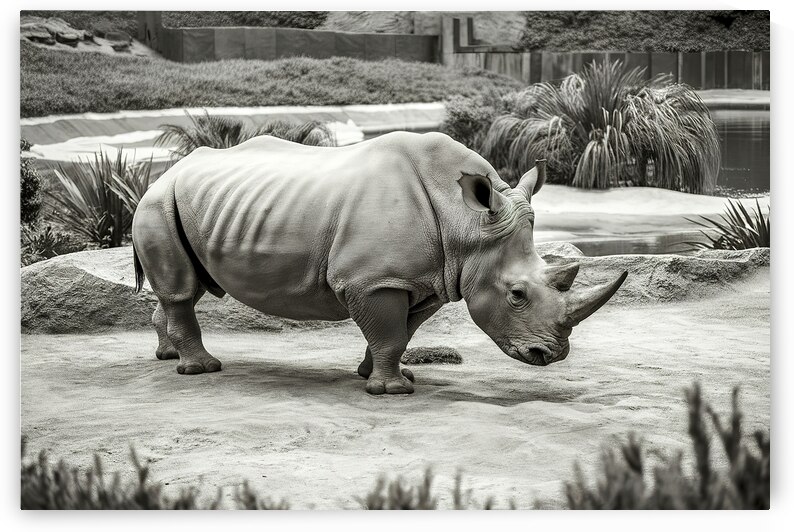 A rhinoceros in what appears to be a zoo or wildl by Veres Ioana