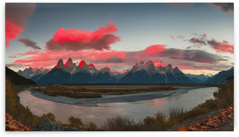 Panoramic of mountains with red colored clouds of by Veres Ioana