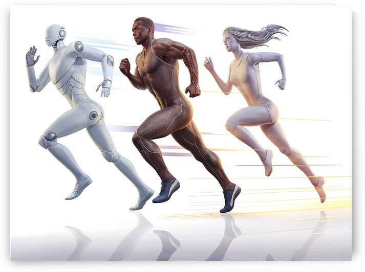 Three 3D renderings of a human figure in a runnin by Veres Ioana