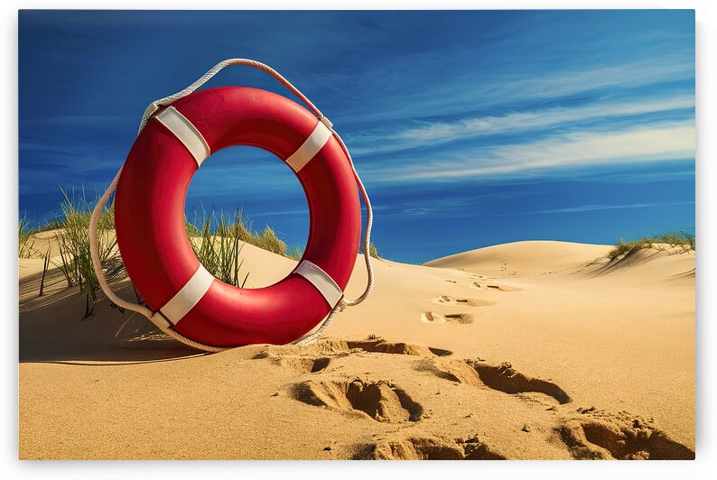 A striking visual of a bright red lifebuoy placed by Mariana Tirca