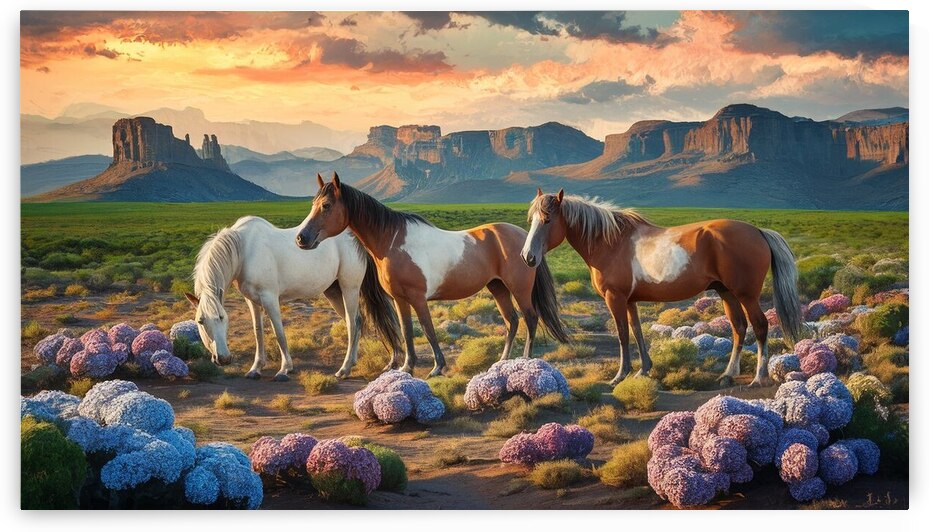 multi hydrangeas horses in green desert in the st by ziyad sobeh