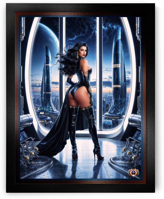 Solara Overlooking The Majestic City Of Alcanaza VII Futuristic Pin-Up Captivating AI Concept Art by Xzendor7 by xzendor7