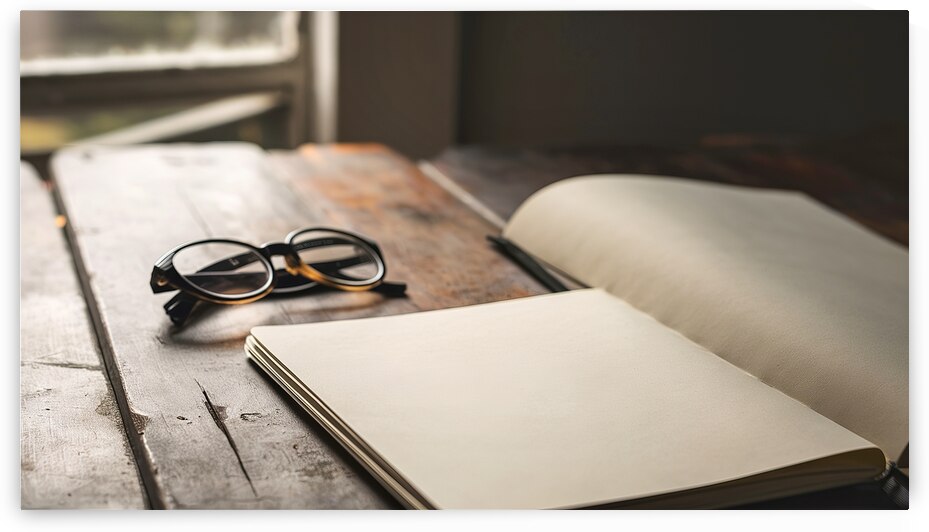 Blank notebook with glasses on wooden table 2 by Marius Tomus