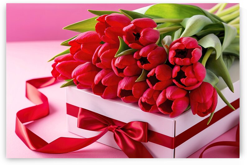Bright colorful terry red tulips lie on a pink ba by Marius Tomus
