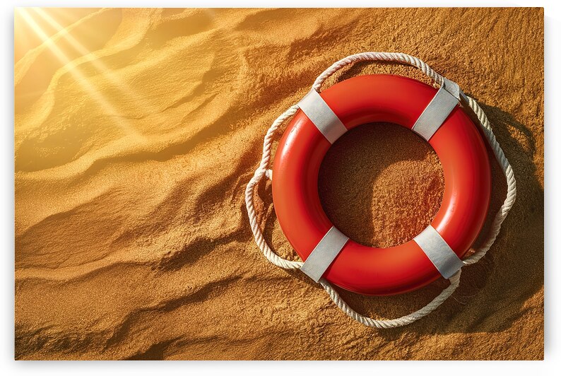 A striking visual of a bright red lifebuoy placed by Dumitru Oniga