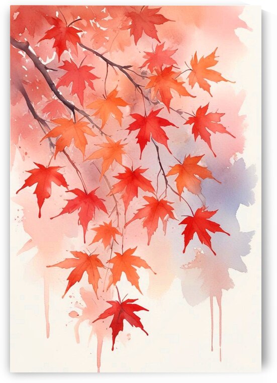 Watercolor drawing of falling red leaves in autum by Fieraru Elena