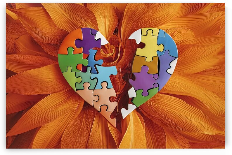 broken heart shape made of puzzle over orange bac by Liviu Ghitun