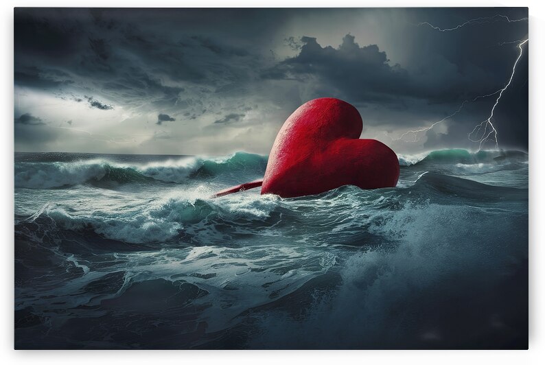 Large Red Heart Precariously Drifting In Tumultuo by Liviu Ghitun