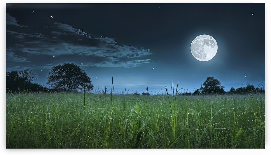 Night landscape in meadow with full moon and star by Anghel Viorel