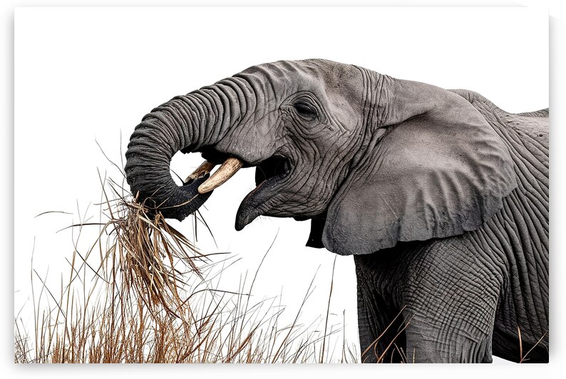 African Elephant eat dry grass isolated on white by Petre Popescu