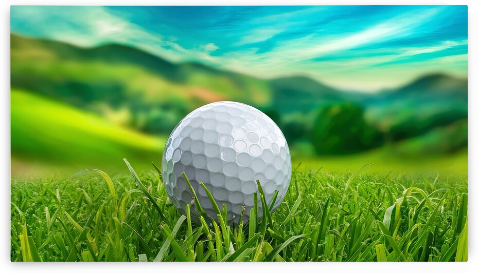 Golf ball close up on green grass on blurred beau by Fieraru Elena