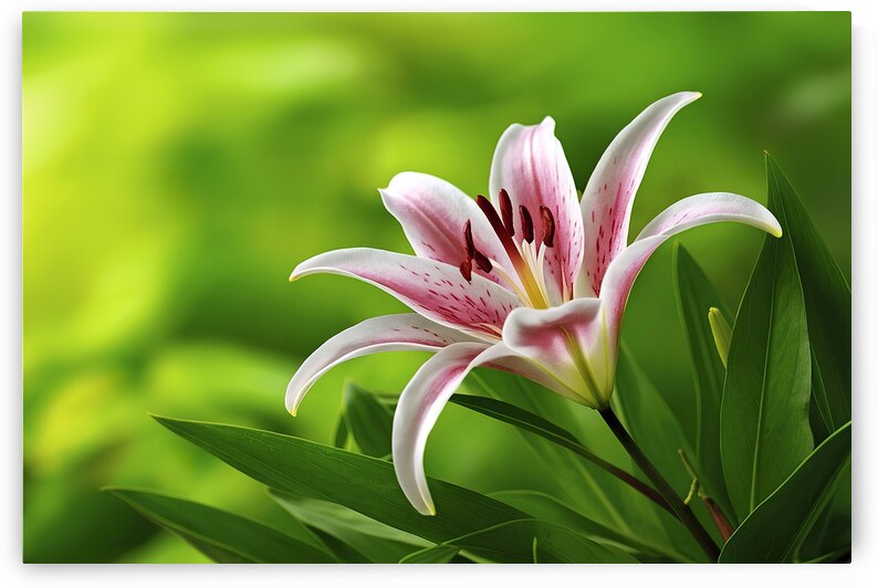 Japanese lily in full bloom on a green background by Ionela Mocanu