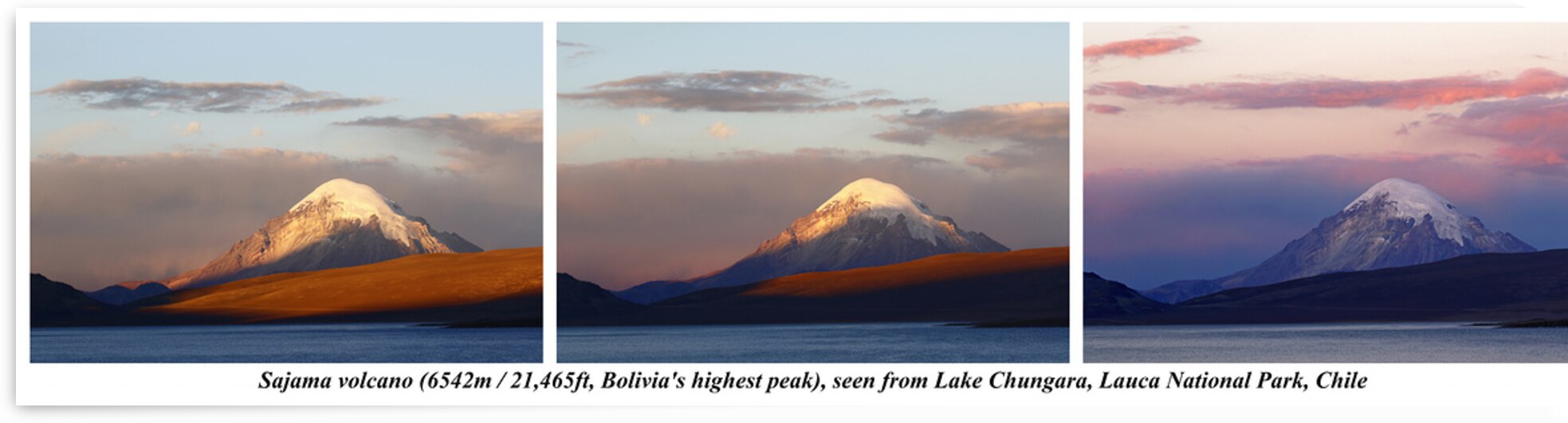 Sajama volcano and Lake Chungara sunset triptych Chile by Magical Andes Photography